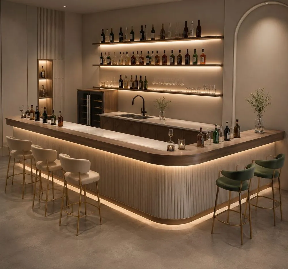 Commercial Stainless Steel Bar Counter — installed view with bar stools