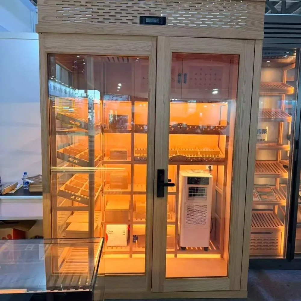 448L Dual-Zone Stainless Cigar Humidor Cabinet — in-situ view in trade show stand