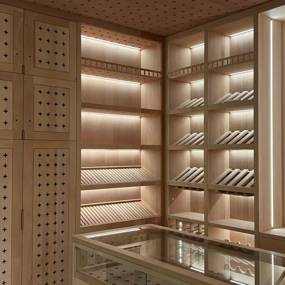 Stainless Steel Cigar Humidor, Dual-Zone Humidity — in-situ view with shelving