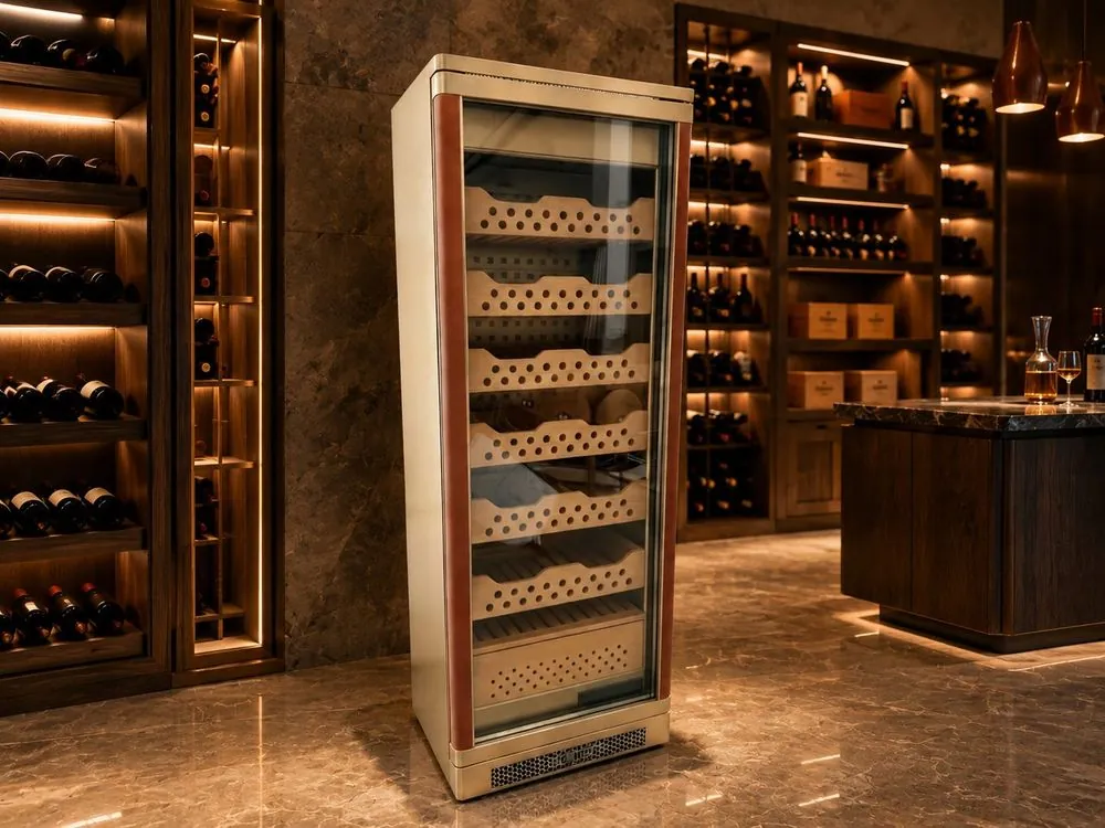 Electric Stainless Steel Cigar Humidor Cabinet — installed view with marble surround