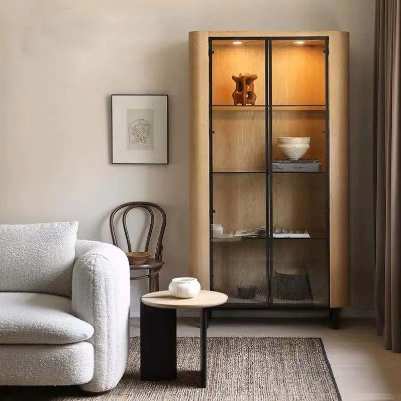 Modern Oak Farmhouse Wine Storage Cabinet with Glass Display Rack view 2