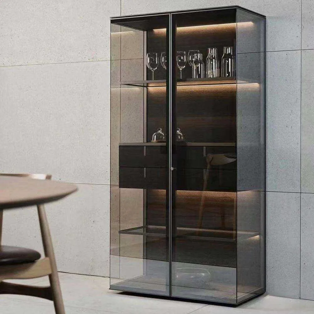 Aluminum Glass Display Case with Drawers — room setting with stone finish