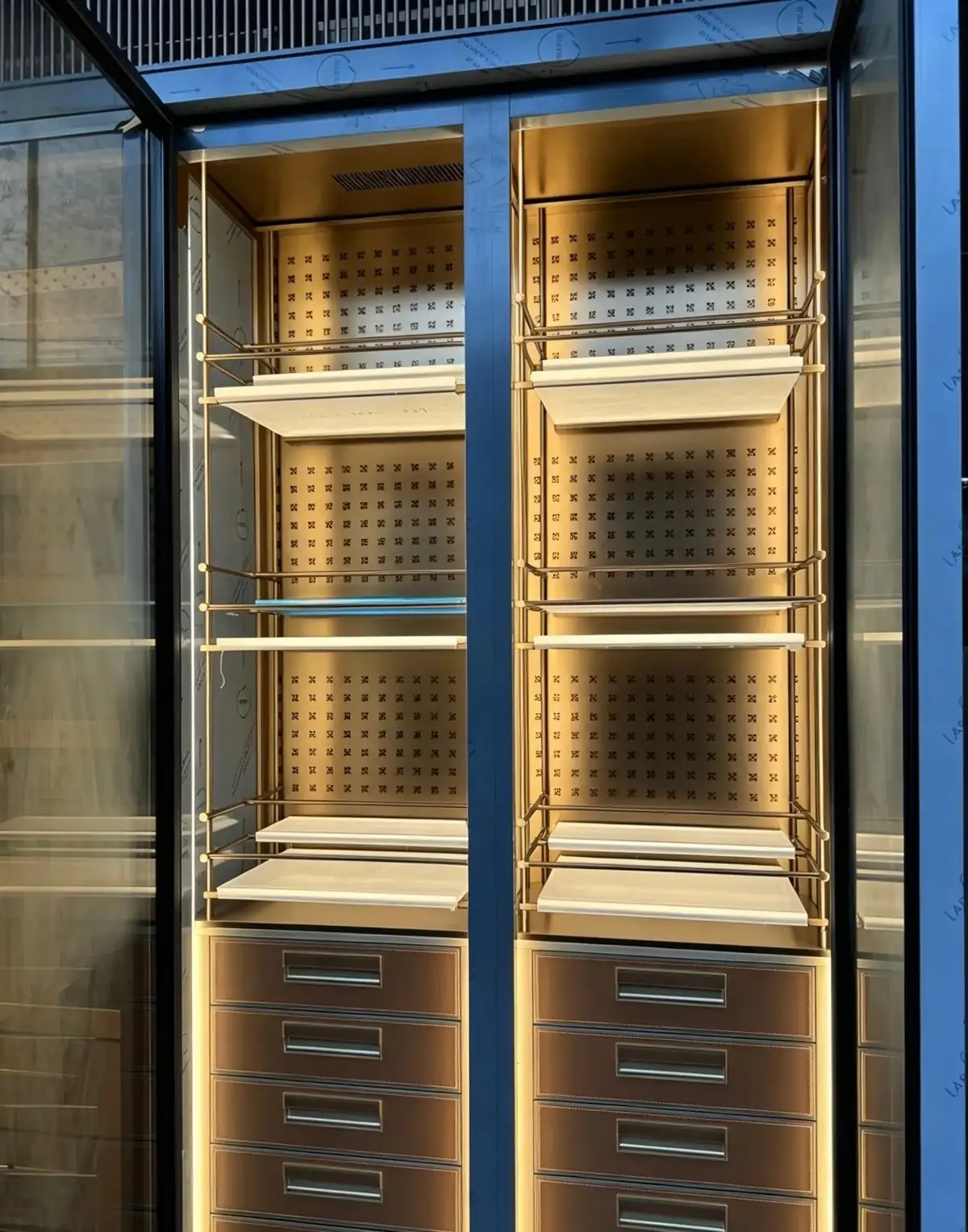 Illuminated Custom Wine Display Cabinet — interior rack and shelf layout with shelving