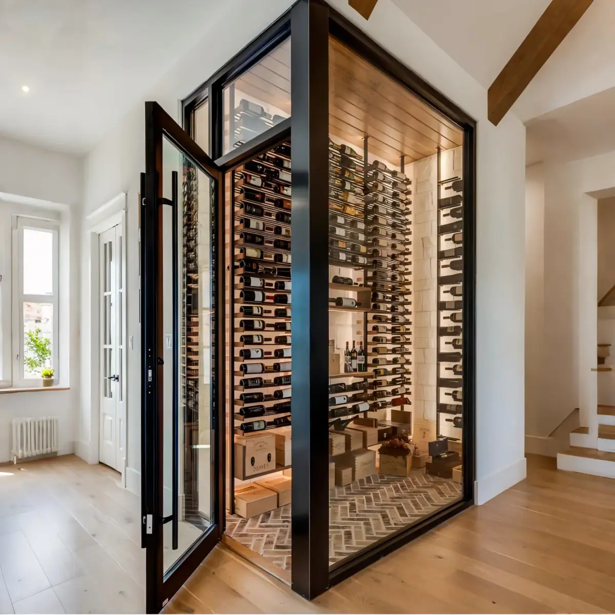 Walk-In Stainless Steel Wine Cellar with Glass Door, Dual-Zone Cooling