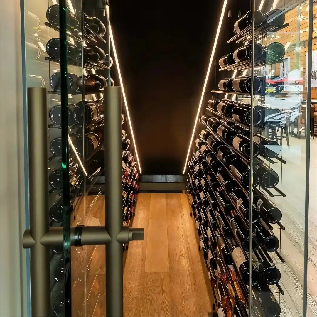 Custom Under-Stair Glass Wine Display & Cellar Enclosure (RM-050) view 2