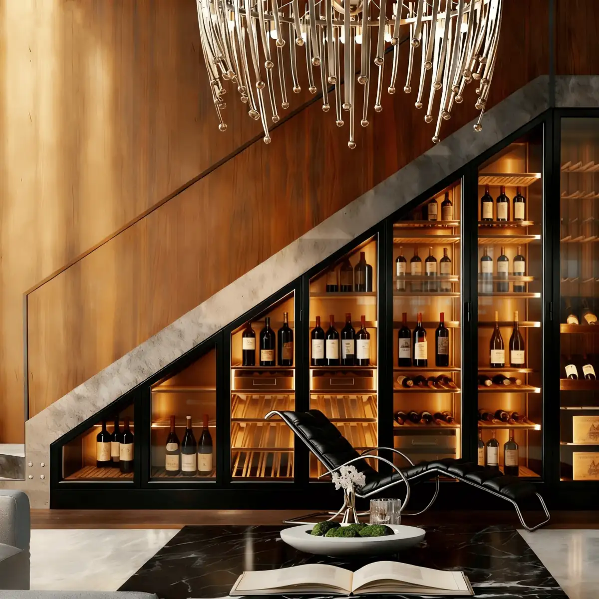 Curved Custom Stainless Steel Wine Cellar — in-situ view with under-stair placement