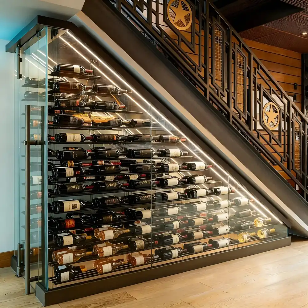 Under-Stair Glass Wine Cellar Enclosure — room setting with under-stair placement