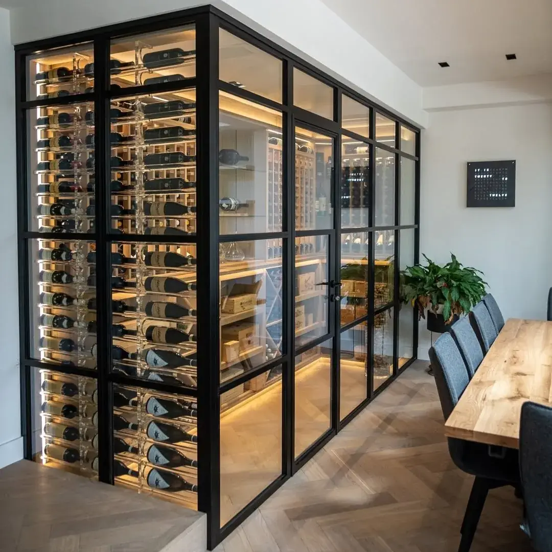 Steel & Wood Wine Cellar with Glass Enclosure — installed view