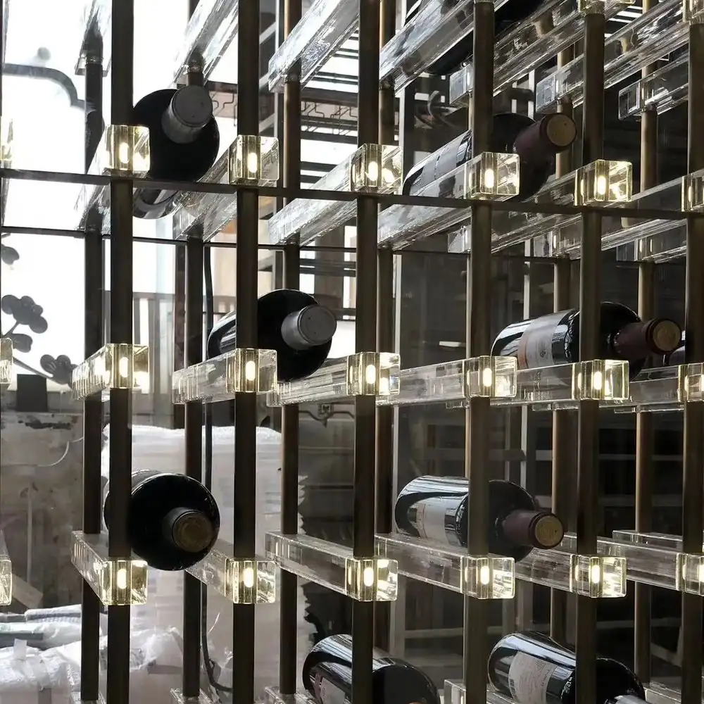 Wall Mounted Stainless Steel Wine Rack, Gold LED Light Home Bar