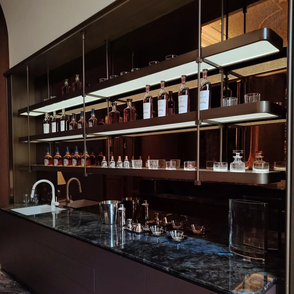 Stainless Steel Wine Rack Ceiling Hanging, Solid Wood Restaurant Bar