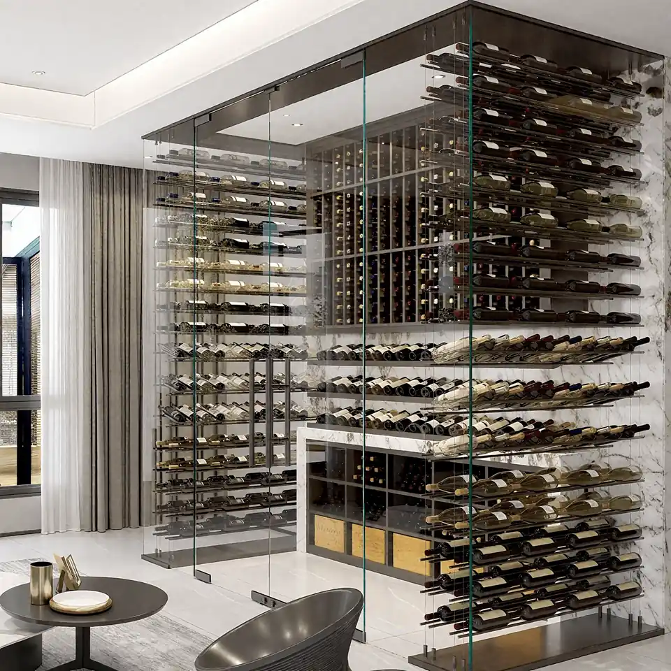 Custom Transparent Glass Wine Display Cabinet and Stainless Steel Rack