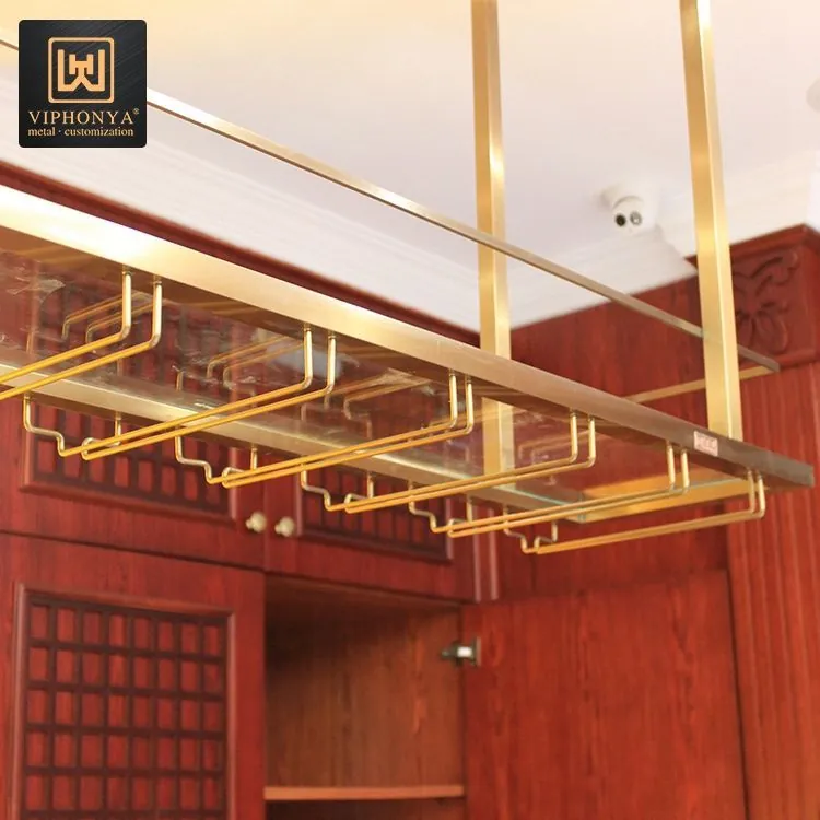 Stainless Steel Wine Rack Gold Bottle Display, Hanging Cup Custom view 2
