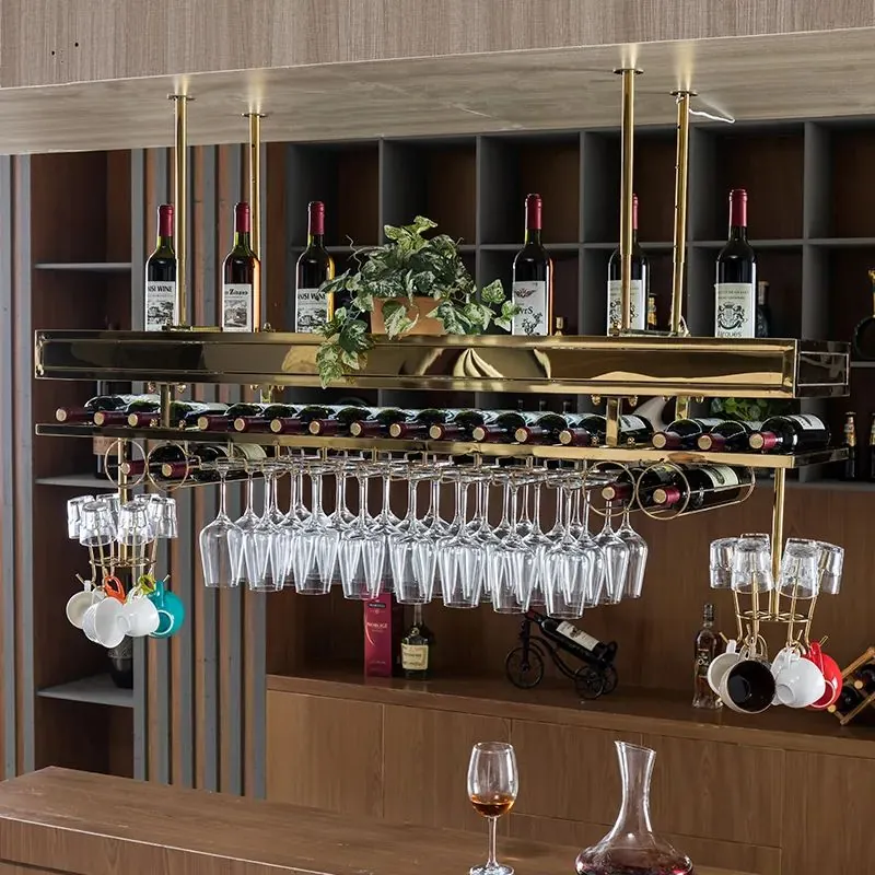 Ceiling Metal Wine Rack Stainless Steel, Gold Black Gray Glass Storage view 2