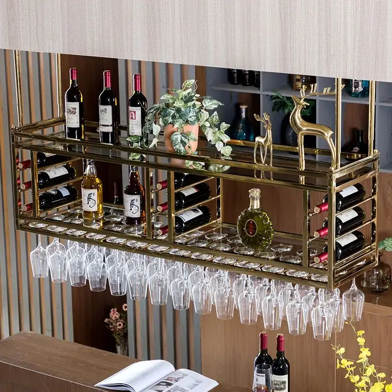 Ceiling Metal Wine Rack Stainless Steel, Gold Black Gray Glass Storage view 4