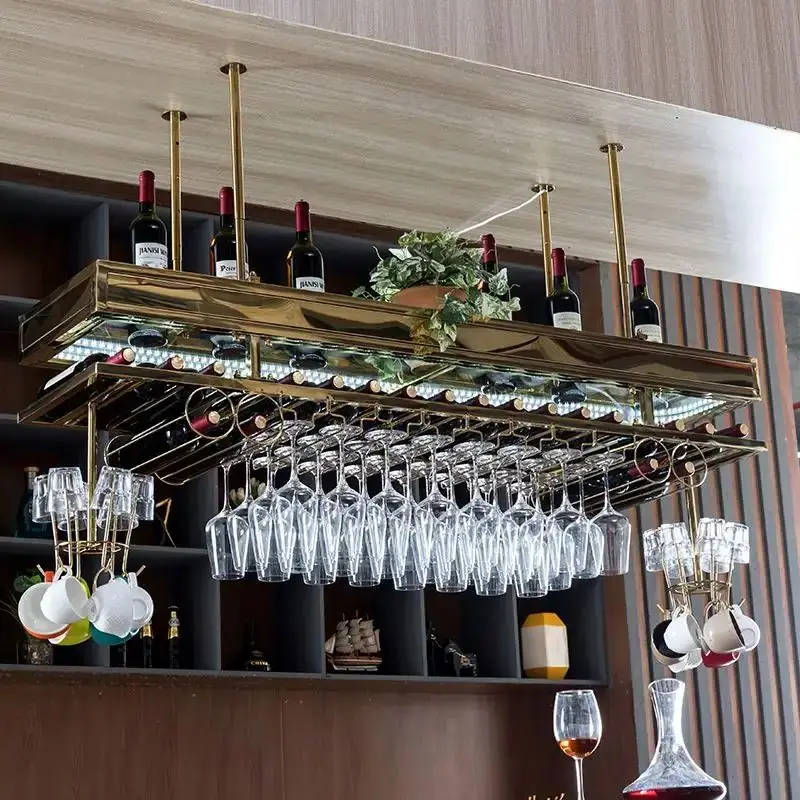 Ceiling Metal Wine Rack, Gold & Black Finish — in-situ view with gold finish